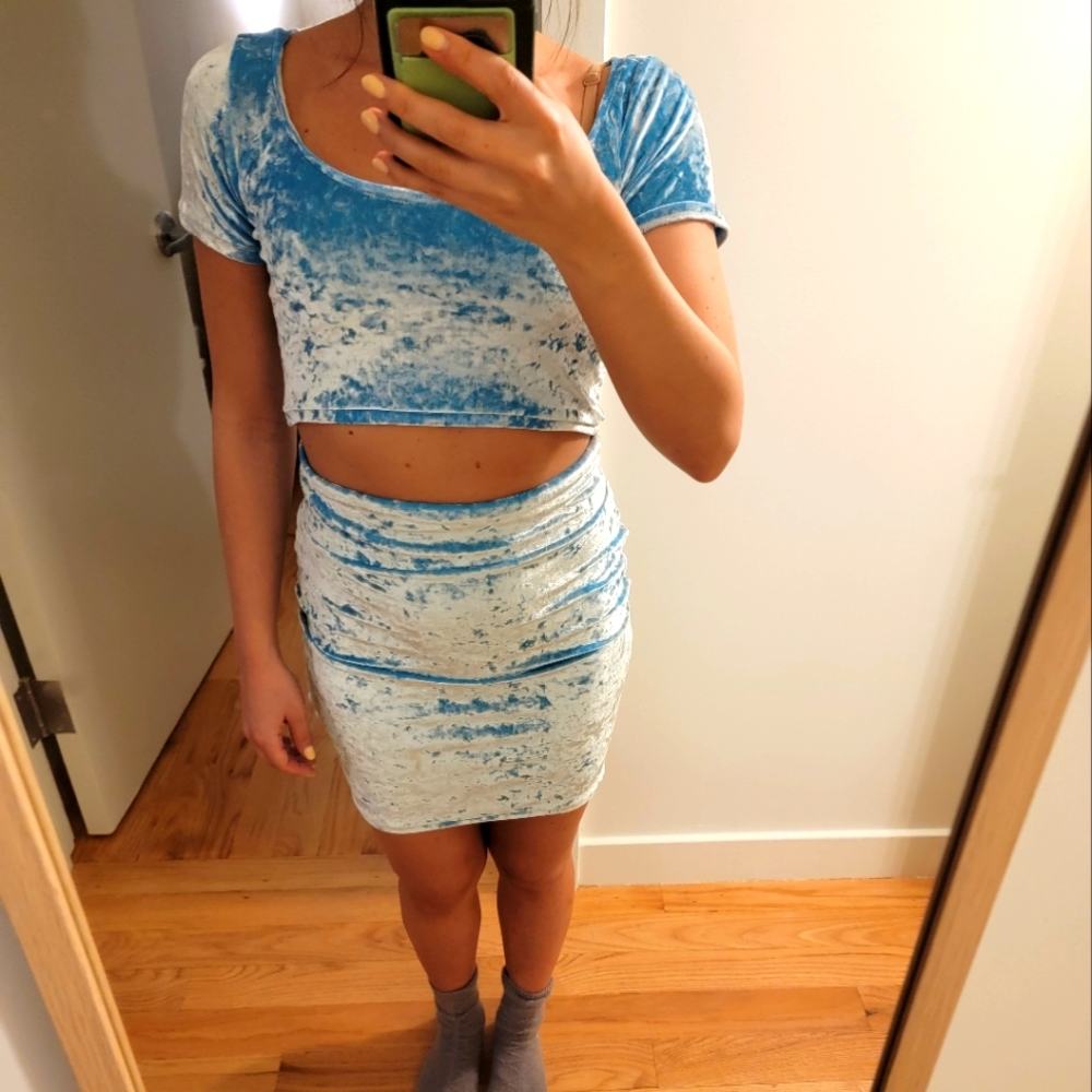 Blue Velour Crop Top + Skirt
